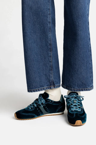 Tênis Stella Veludo e Couro Azul Sneaker Larroudé