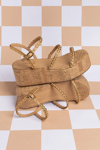 Flatform Gio Milanina Couro Bege e Cortiça Sandal Larroudé