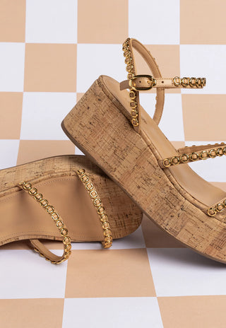 Flatform Gio Milanina Couro Bege e Cortiça Sandal Larroudé