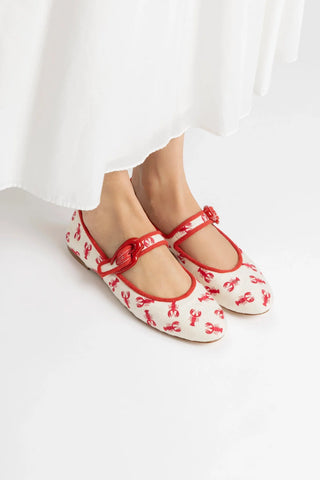 Sapatilha Verona Lona Off White e Bordado Lagosta Ballerina Larroudé