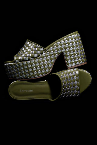 Mule Plataforma Miso Couro Verde e Couro Prateado Sandal Larroudé