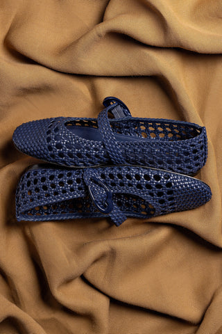 Sapatilha Verona Macramê Couro Azul Ballerina Larroudé