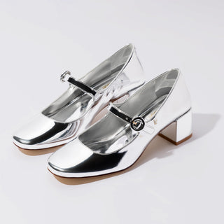 Scarpin Salto Bloco Blair Couro Prateado